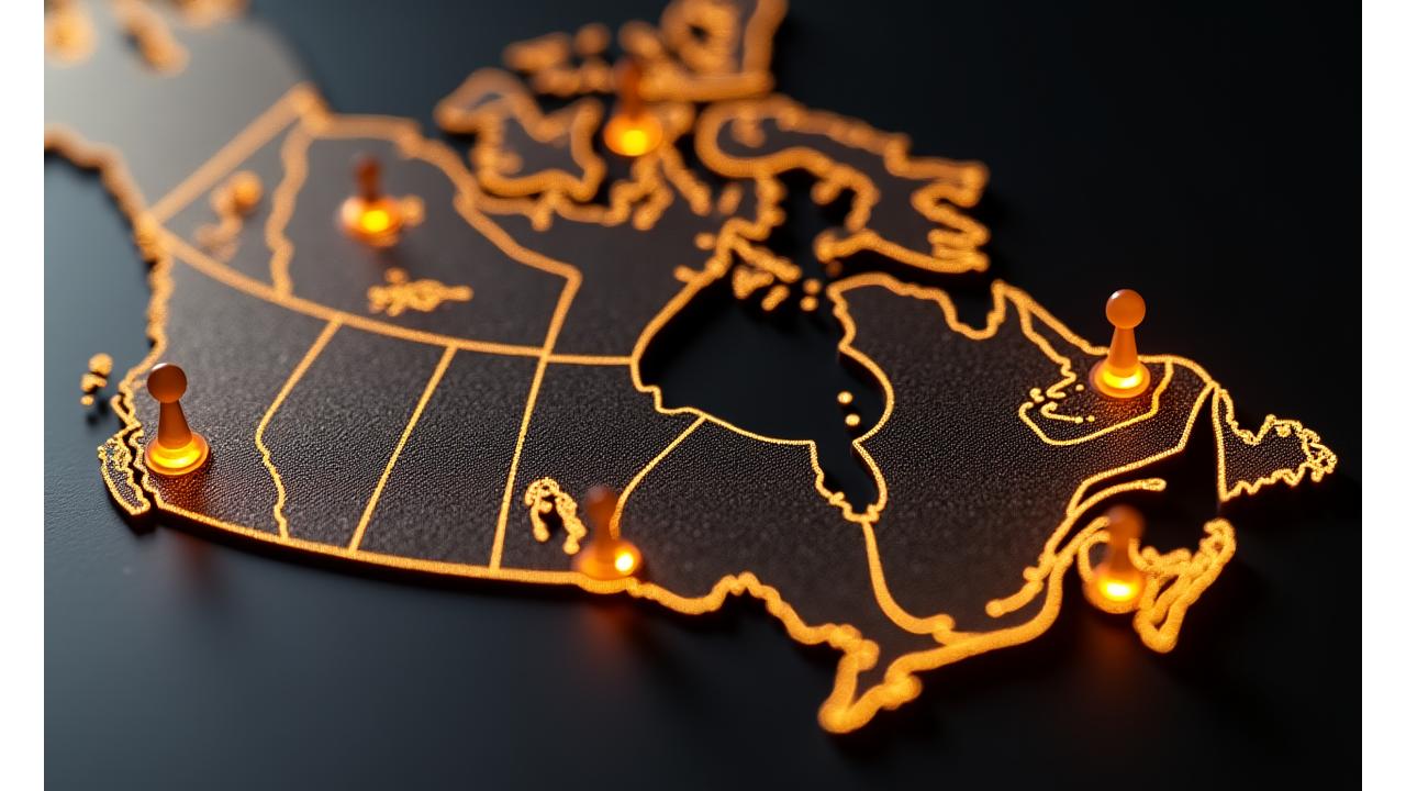 Map of Canada with pins highlighting cities under consideration for future BarberCraft locations.