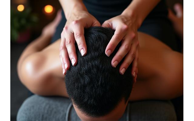 Close-up of hands giving a relaxing scalp massage to a man in a spa