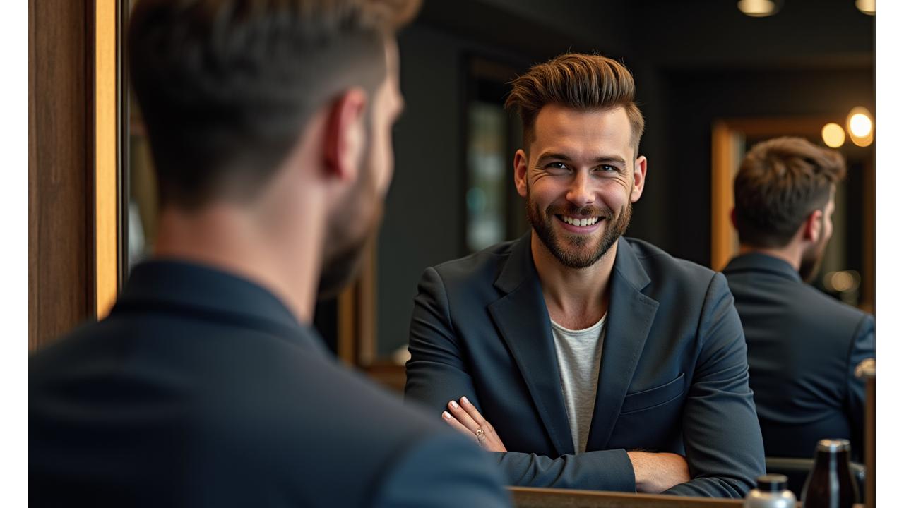 Stylish man looking at his reflection after a fresh haircut at BarberCraft